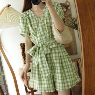 Set: Short-sleeve Plaid Shirt + Wide Leg Shorts