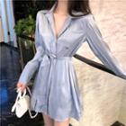 Long-sleeve Mini Shirtdress Light Blue - One Size