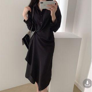 Long-sleeve Plain Asymmetric Slim Fit Shirtdress