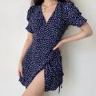V-neck Print Lace-up Puff-sleeve Dress