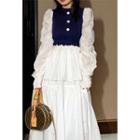 Long-sleeve Mock Two-tone Dress Blue & White - One Size