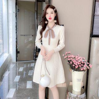 Long-sleeve Bow Neck Knit A-line Dress