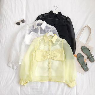 Bow-accent Tulle Blouse With Camisole
