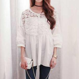 3/4-sleeve Crochet Panel Long Blouse