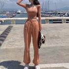 Long-sleeve Letter Embroidered T-shirt / Drawstring Cropped Harem Pants / Set