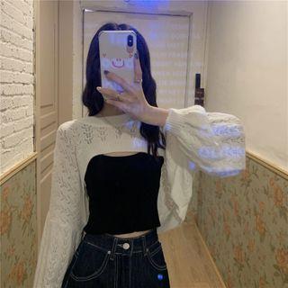 Long-sleeve Perforated Cropped Knit Top / Plain Camisole