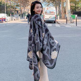 Flower Print Shawl Line & Flower - Gray & Khaki - One Size