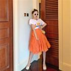 Short-sleeve Orange Print T-shirt / Tiered A-line Midi Skirt