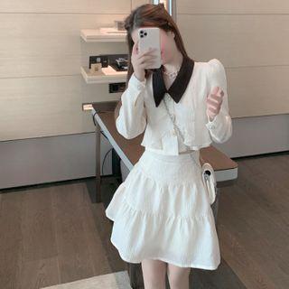 Long-sleeve Cropped Blouse / Mini A-line Skirt