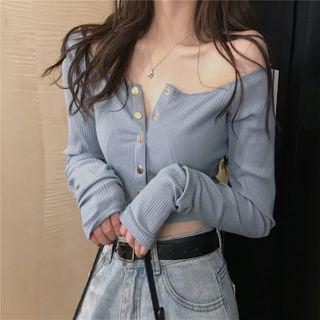 Long-sleeve Off-shoulder Button-up Crop Top