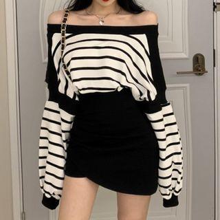 Set: Off-shoulder Striped Top + Pencil Skirt