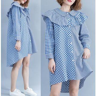 Long-sleeve Plaid Shirt Dress Blue - One Size