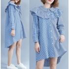 Long-sleeve Plaid Shirt Dress Blue - One Size