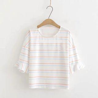 Elbow-sleeve Striped T-shirt White - One Size
