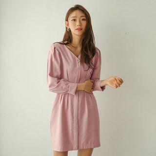 Metallic-button Pintuck-waist Dress