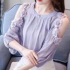Flower Accent Elbow Sleeve Chiffon Blouse