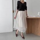 Lace-hem Pleated Long Mesh Skirt