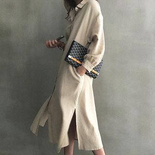 Puff-sleeve Slit-side Long Shirtdress