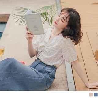 Puff Sleeve V-neck Check Cropped Top