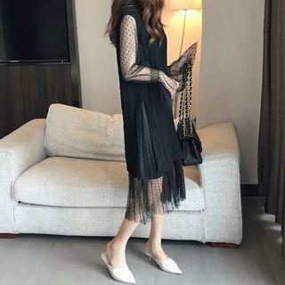 Slited Long Knit Vest / Mesh Dress