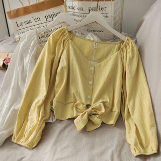 Striped Ribbon-hem Cropped V-neck Blouse