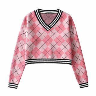 V-neck Argyle Cropped Sweater Pink - One Size