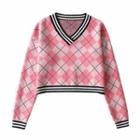 V-neck Argyle Cropped Sweater Pink - One Size