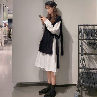 Plain Long-sleeve Shift Dress / Side-slit Knit Vest / Lace Open Front Jacket