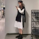Plain Long-sleeve Shift Dress / Side-slit Knit Vest / Lace Open Front Jacket