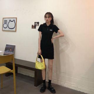 Applique Short-sleeve Polo Dress Black - One Size
