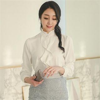 Frill-trim Faux-pearl Button Blouse