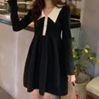 Long-sleeve Collar Knit Dress Black - One Size