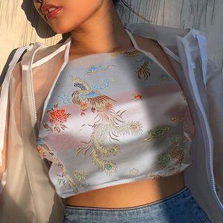 Dragon Embroidered Halter Open-back Crop Top