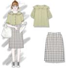 Elbow-sleeve Buttoned Top / Plaid A-line Skirt