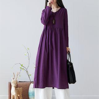 Plain Long-sleeve V Neck Dress