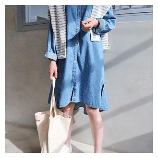 Slit-hem Ruffle-back Denim Shirtdress