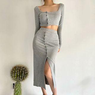 Long-sleeve Crop Top / Midi Pencil Skirt