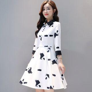 3/4-sleeve Printed A-line Mini Dress