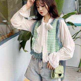 Sleeveless Tweed Vest / Ribbon Chiffon Blouse