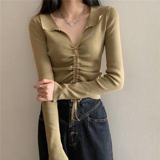 Lapel Drawstring Long-sleeve Knit Top
