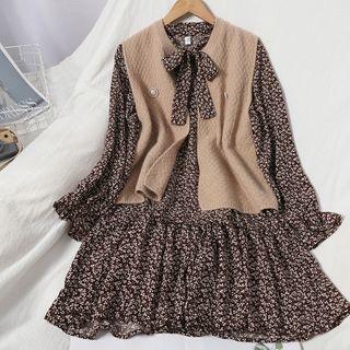 Set: Floral Print Bell-sleeve Mini A-line Dress + Open-front Knit Vest