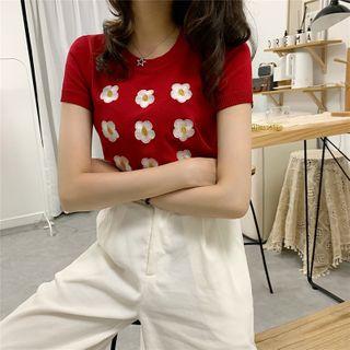Flower Short-sleeve Slim-fit Knit Top