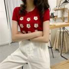 Flower Short-sleeve Slim-fit Knit Top