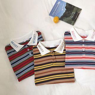 Lettering Embroidered Color-block Striped Short-sleeve Top