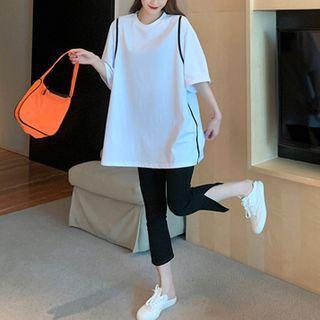 Set: Two Tone Split Short Sleeve T-shirt + Plain Split Pants