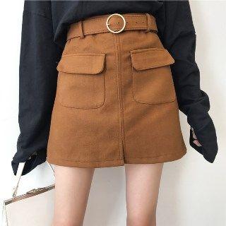 Woolen Pencil Skirt With Belt