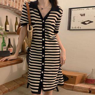 Short-sleeve Striped Button-up Knit Dress Stripe - Black & White - One Size