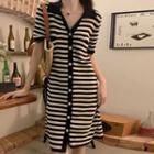 Short-sleeve Striped Button-up Knit Dress Stripe - Black & White - One Size