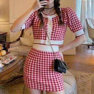 Set: Short-sleeve Plaid Top + Pencil Skirt