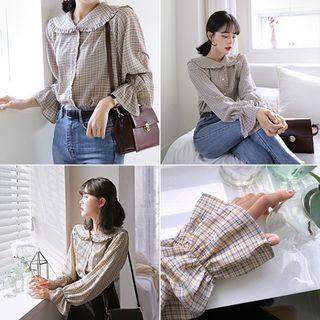 Sailor-collar Frilled Check Blouse One Size